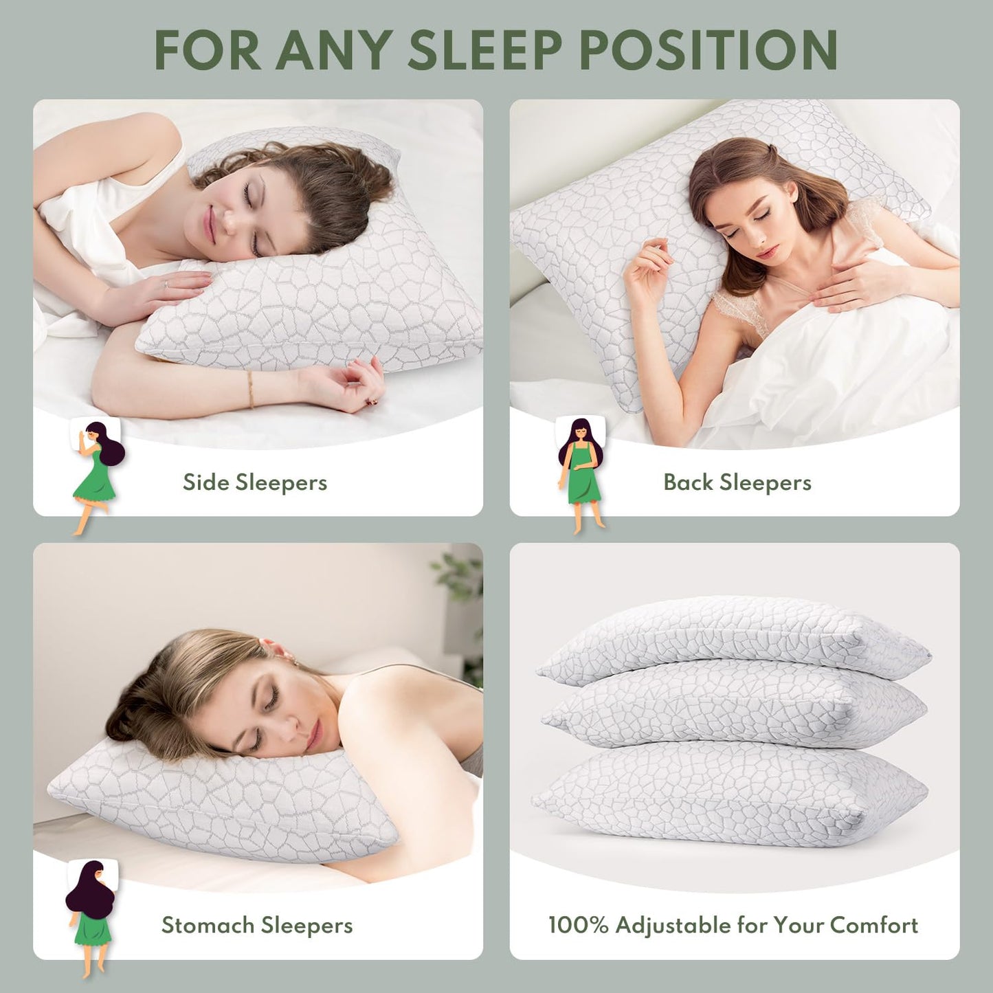 HEYCUZI Cooling Pillows Queen Size Set of 2 - Shredded Memory Foam Pillow for Sleeping 2 Pack, Adjustable Cool Bed Pillows for Side, Back, and Stomach Sleepers, Gel Pillow Washable Removable Cover
