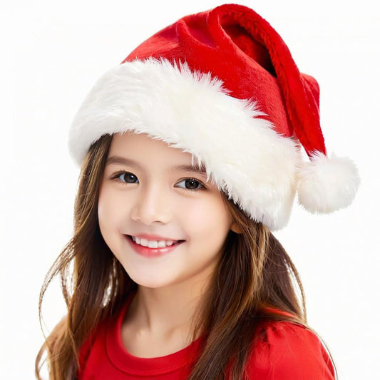 BSVI Santa Hat Kid Christmas Holiday Comfort Extra Thicken Keep Warm Red Velvet Unisex Xmas Hat for Festive New Year Party