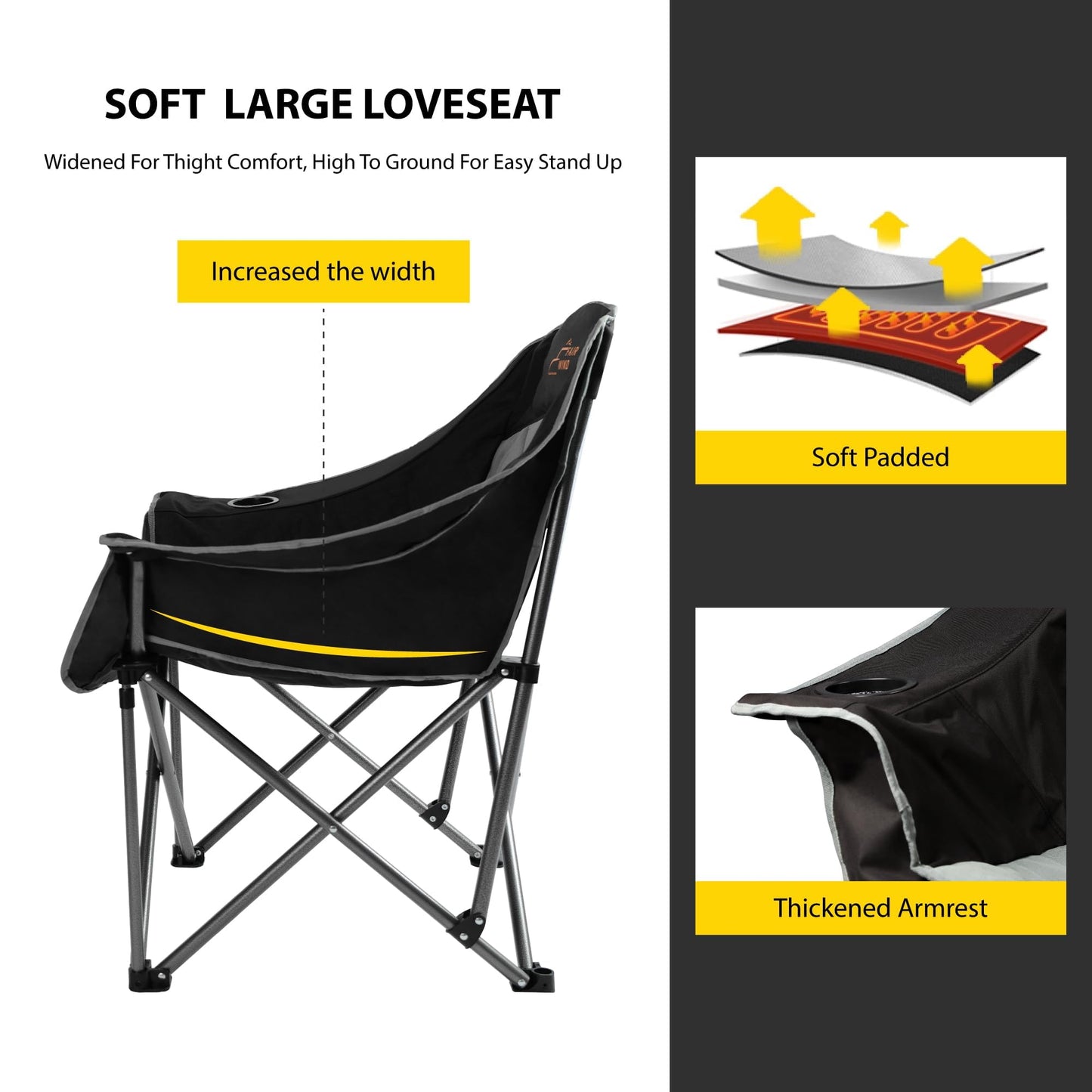 FAIR WIND 2 Pack Oversized Padded Camping Chair Heavy Duty Quad Fold Arm Chair Portable for Outdoor - Support 450LBS, Black