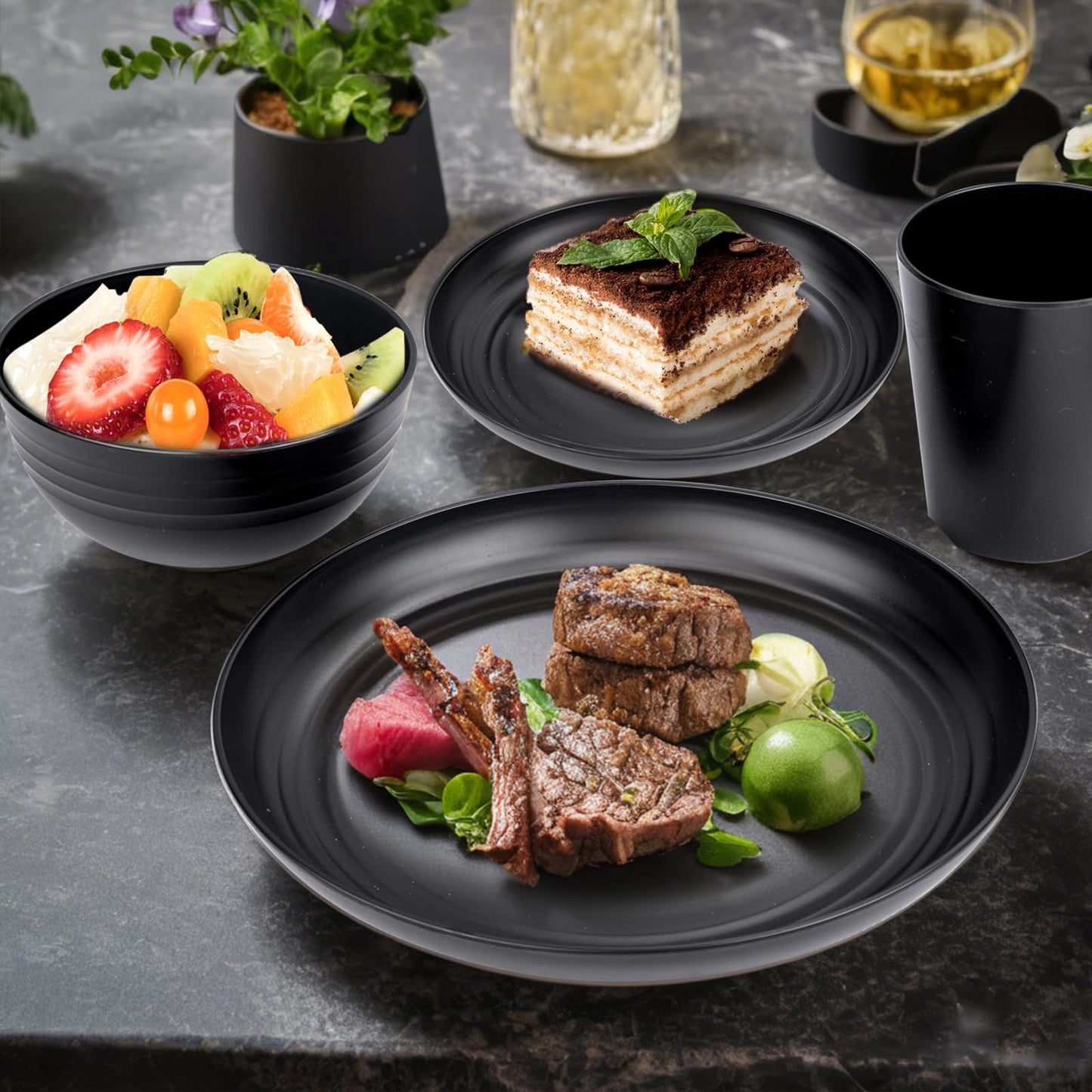 LIYH 16 Pcs Black Wheat Straw Dinnerware Set - Unbreakable Plates and Bowls Set, Dish Set for 4, Black Plastic Dinnerware Set Include Wheat Straw Dinner Plates Bowls Cups Kitchen & Camping