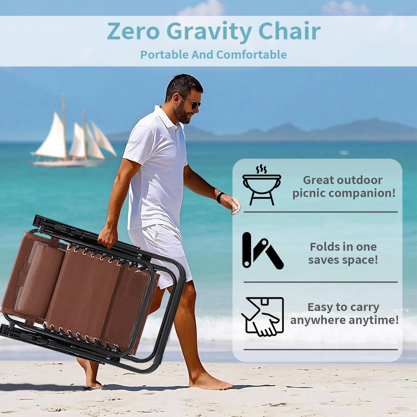 RICHRYCE Zero Gravity Chair Set of 2, 350 lbs Capacity, Reclining Folding Outdoor Chairs with Adjustable Headrest & Cup Holder, Anti - Gravity Loungers for Backyard, Patio, Lawn, Poolside (Brown)