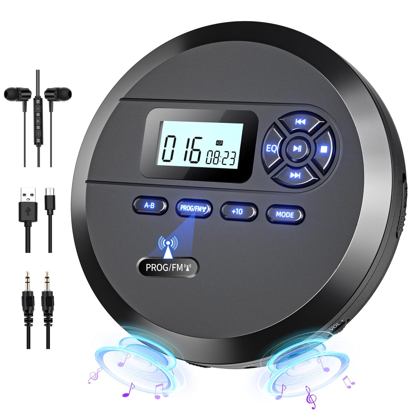 DESOBRY CD Player Portable with Speakers & FM Transmitter, Rechargeable Compact CD Player for Car Built-in 2000mAh, Portable Player with LCD Screen, Earphones, AUX Cord