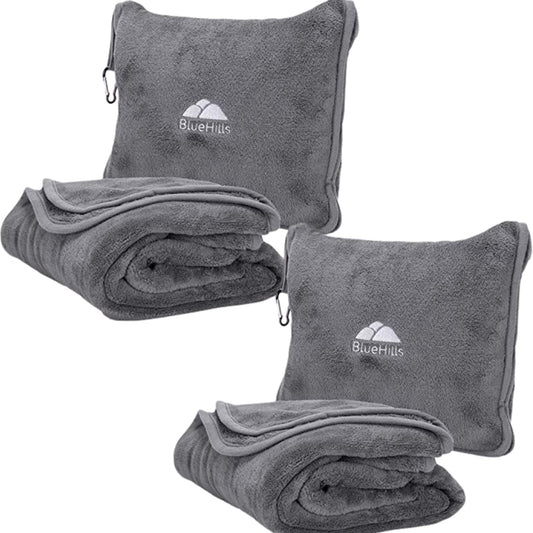 BlueHills Premium Soft Tall Travel Blanket Pillow for Airplane Traveling Essentials Long Flight Trip Throw in Bag case with Backpack Clip Compact Large Plane Accessories Beige T053