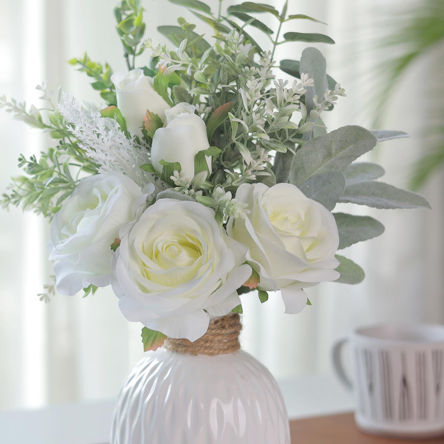 FOTEEWL Artificial Flowers with Ceramic Vase,Faux Silk Roses and Fake Plant Eucalyptus in Vase for Centerpiece Table Decorations, Living Room,Dining Table,Fireplace,Office,Farmhouse,Home Decor(White)