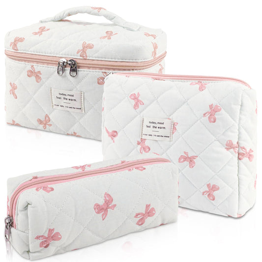 3 Sizes Pcs Cotton Quilted Makeup Bag Set, Travel Toiletry Personalized Cute Blue Floral Cosmetic Makeup Bag Extra Large Small Organizer Bags (Blue floral)