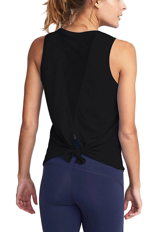 Bestisun Womens Athletic Tanks Tie Back Sports Shirts Mesh Yoga Clothing Exercise Active Tops Black L