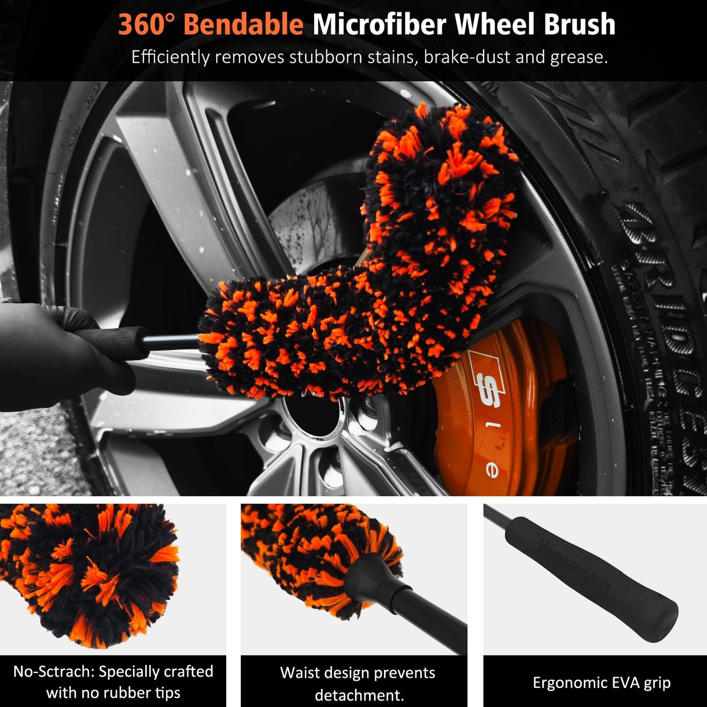 YeewayVeh 4PCS Car Wheel Cleaning Kit, 2-Size Bendable Microfiber Wool Wheel Brush Set, Tire Brush, Double-Ended Detailing Brush, Soft Non-Metallic Rim Cleaner Brushes for SUVs, RVs & Trucks