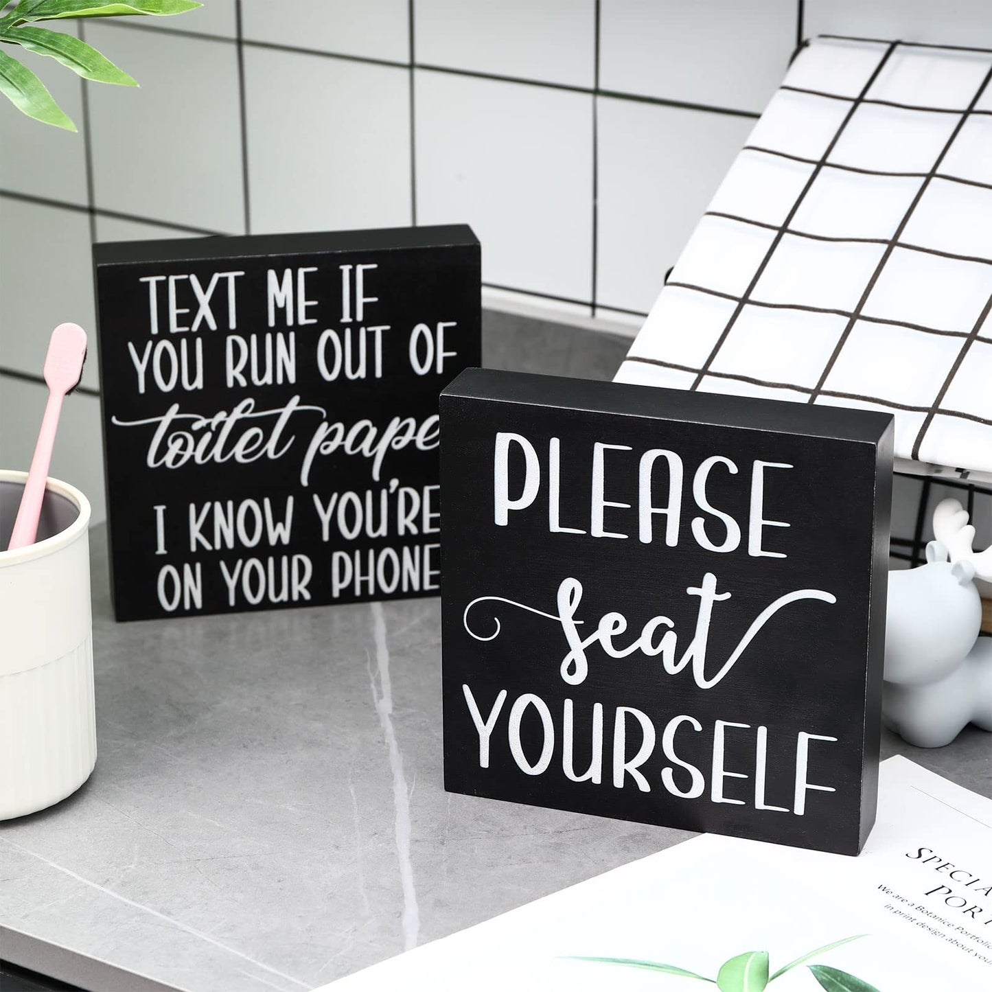 Jetec 2 Pieces Farmhouse Bathroom Signs Decor Wooden Box Sign Funny Bathroom Wall Art Rustic Wood Plaque Please Seat Yourself Decor for Home Restroom(Black)
