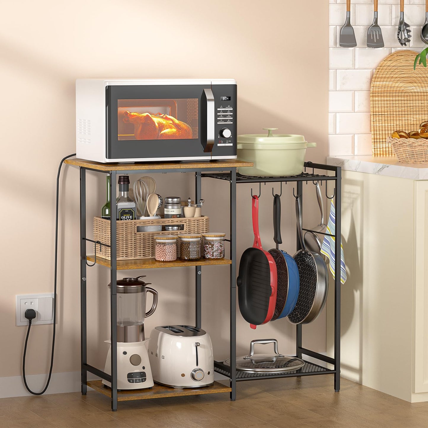 Kitchen Stand with Pots Rack, Utility Microwave Oven Stand with Storage, 5 Tiers Coffee Bar Table, Small Kitchen Bakers Rack with 6 S Hooks, Kitchen Storage Shelf Rack for Spices, Pots, Rustic Brown