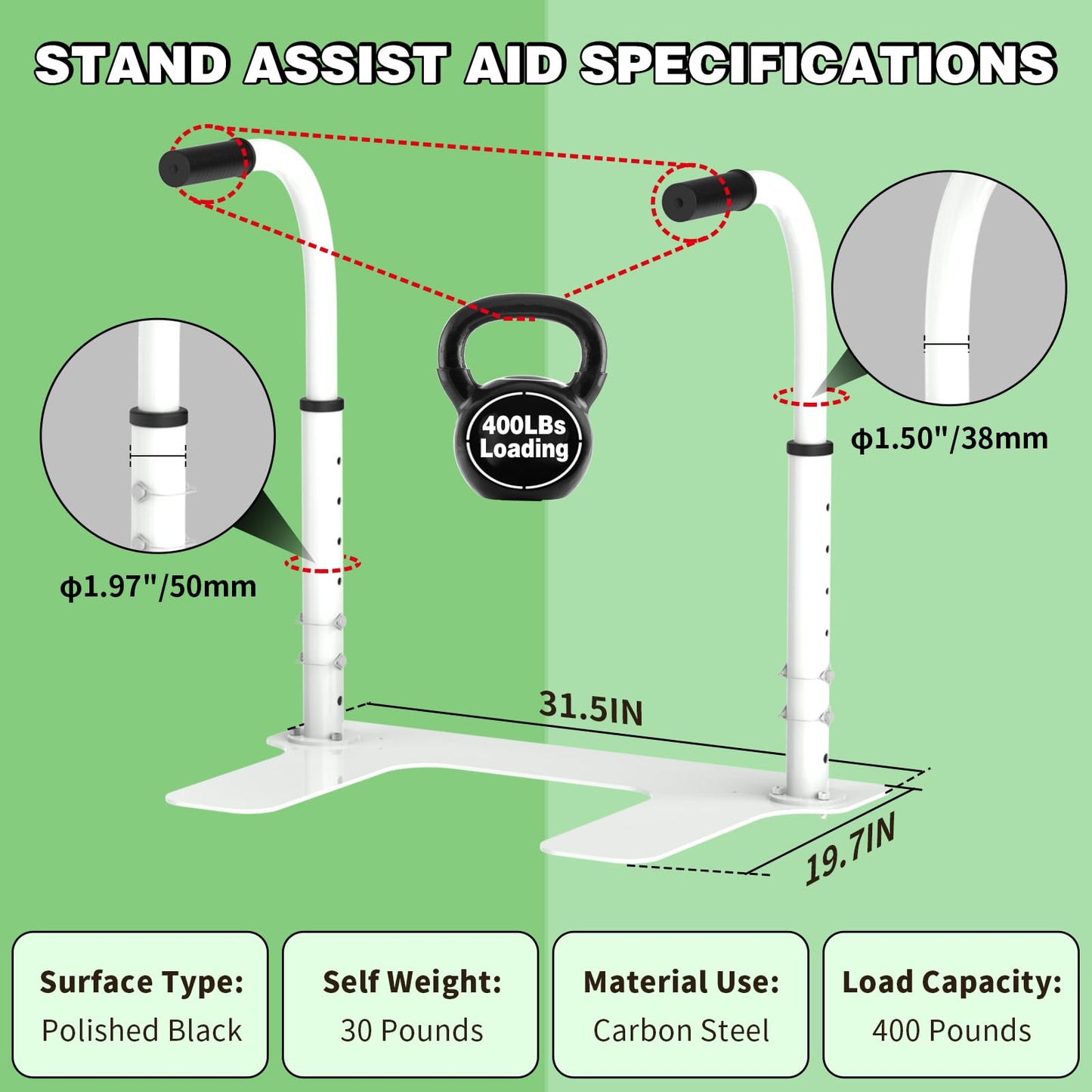 Heavy Duty Couch Stand Assist, Height & Width Adjustable Standing aid & Support Device, Chair/Sofa Stand Assist for Elderly Mobility & Daily Living Sit to Stand(400LBs Loading, White)