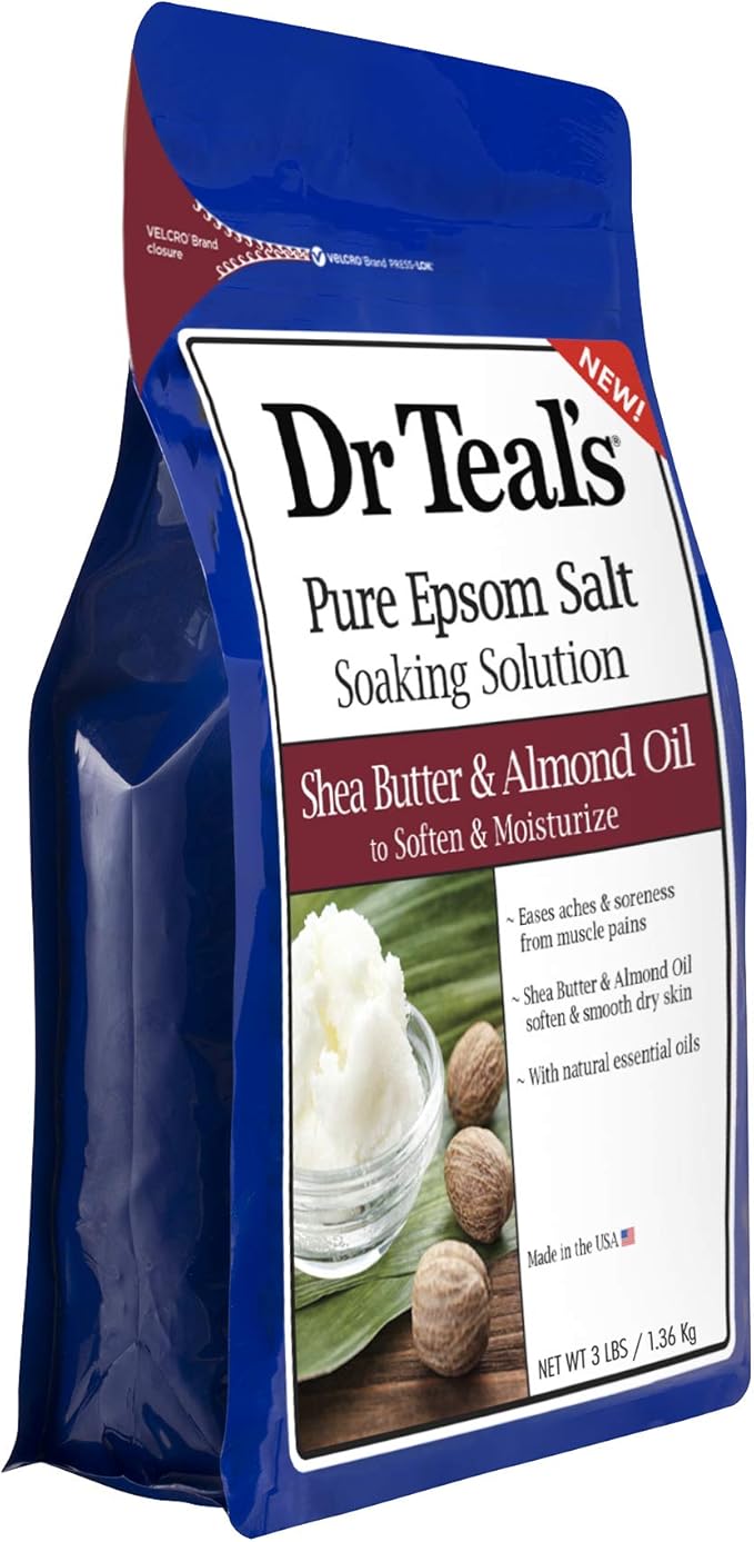 Dr. Teal's Epsom Salt Shea Butter Almond Oil Bath Soaking Solution with Essential Oils - Pack of 2, 3 lb Resealable Bags - Soften and Moisturize Your Skin, Relieve Stress and Sore Muscles