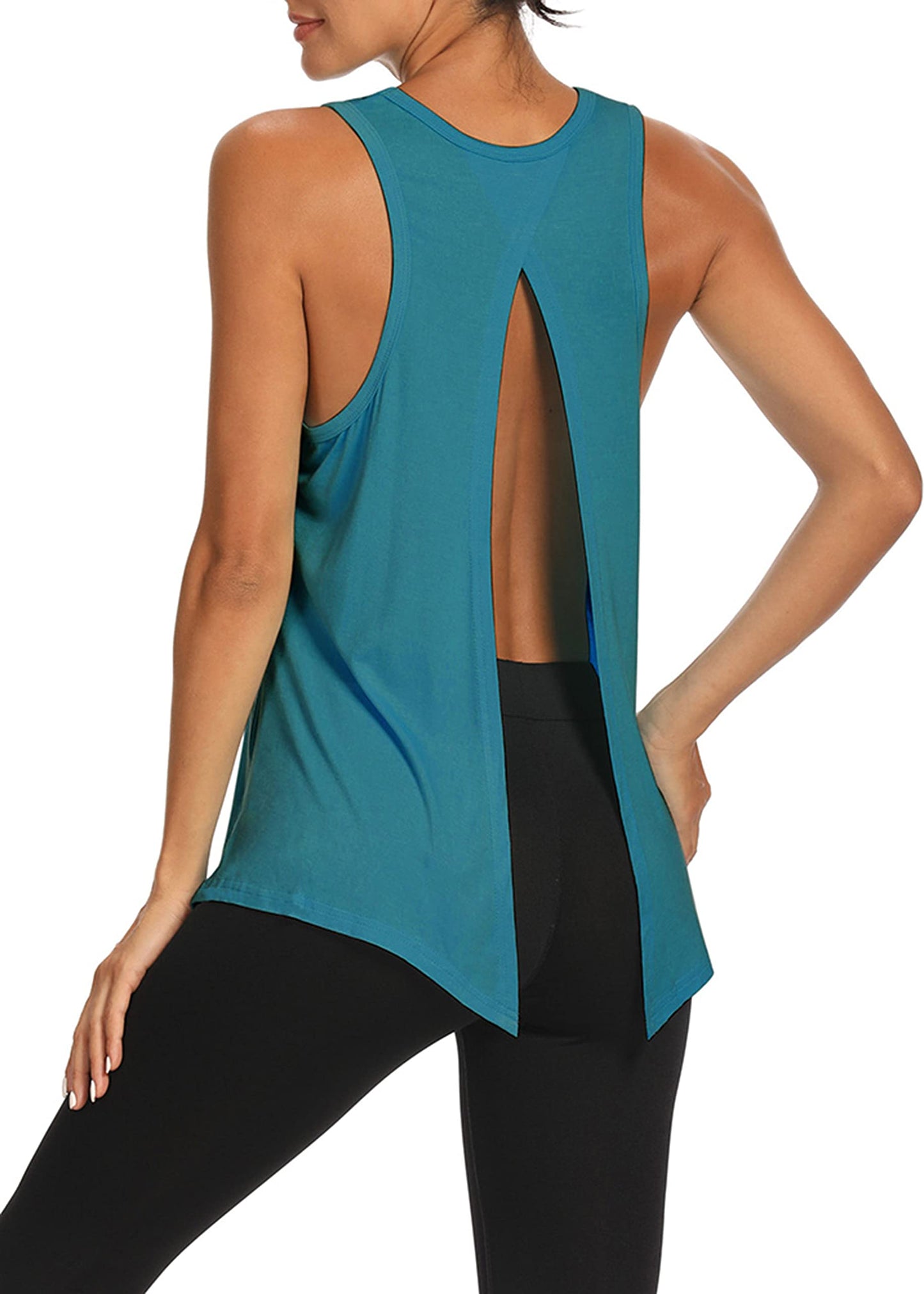 Bestisun Open Back Workout Tops Yoga Athletic Yoga Fitness Gym Clothes Activewear for Women Blue Green XL