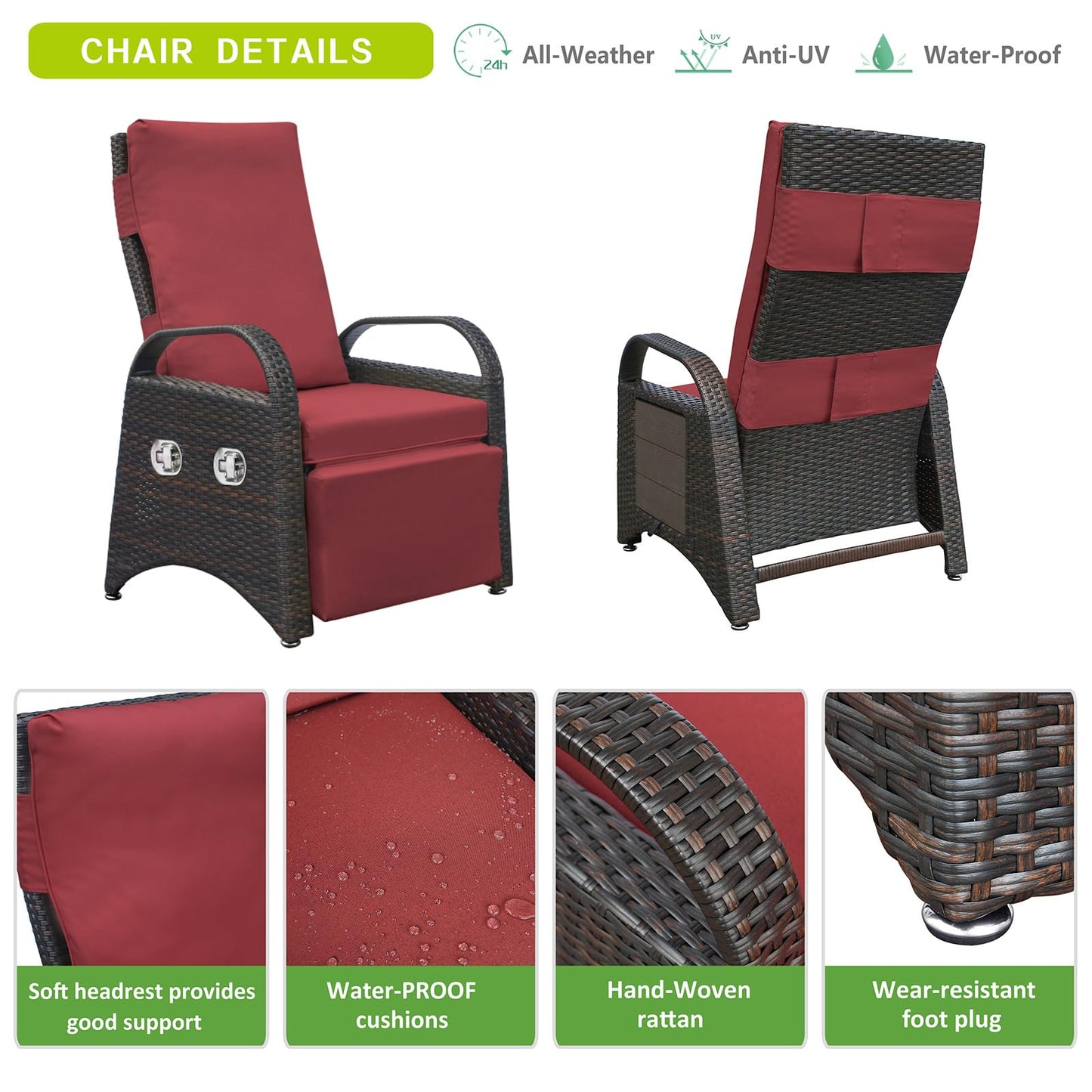 ATR ART TO REAL Outdoor Recliner Chairs, PE Wicker Reclining Lounge Chair with Removable Soft Cushion, Adjustable Outside Recliners for Patio, Porch, Poolside, Balcony, Lawn (Red, 1 PC)