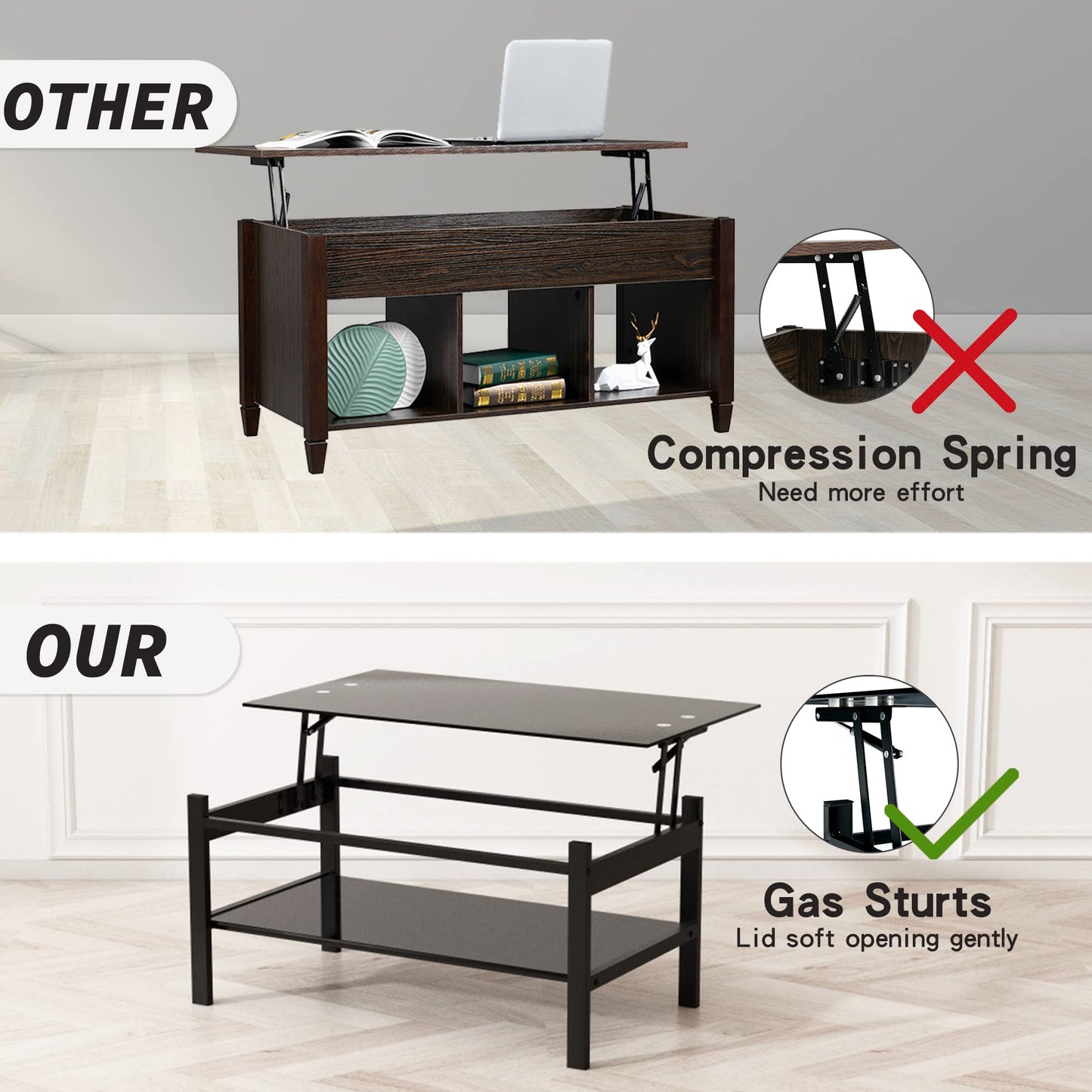 Meihua Lift Top Glass Coffee Table with Storage Compartment and Separated Open Shelves, Lift Tabletop for Living Room Home, Office, Black