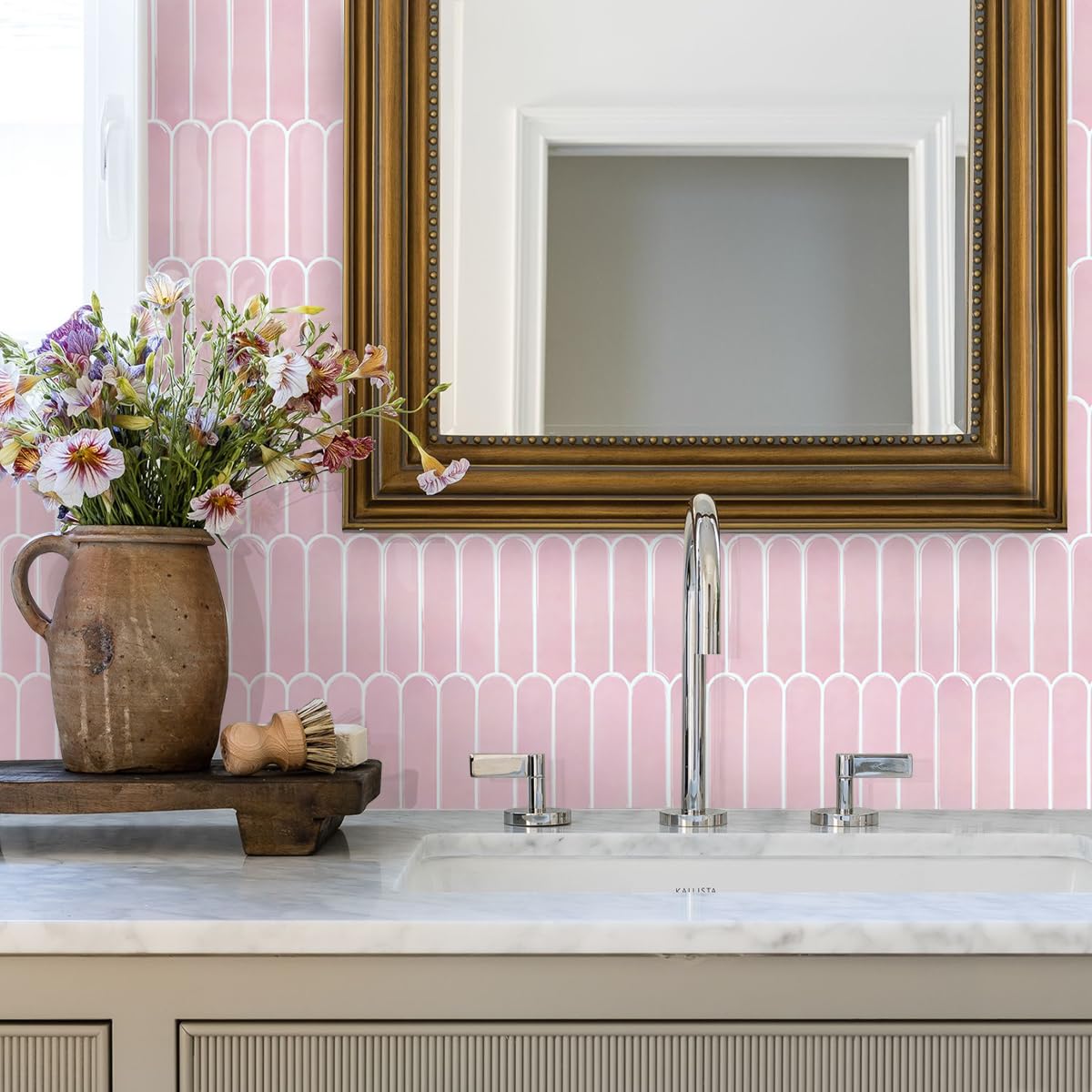 Commomy Thicker Pink Peel and Stick Backsplash - 10 pcs of 12" x 12" - 3D Adhesive Peel and Stick Tiles Backsplash for Kitchen, Bathroom, Removable, Waterproof, Vinyl Wall Tile
