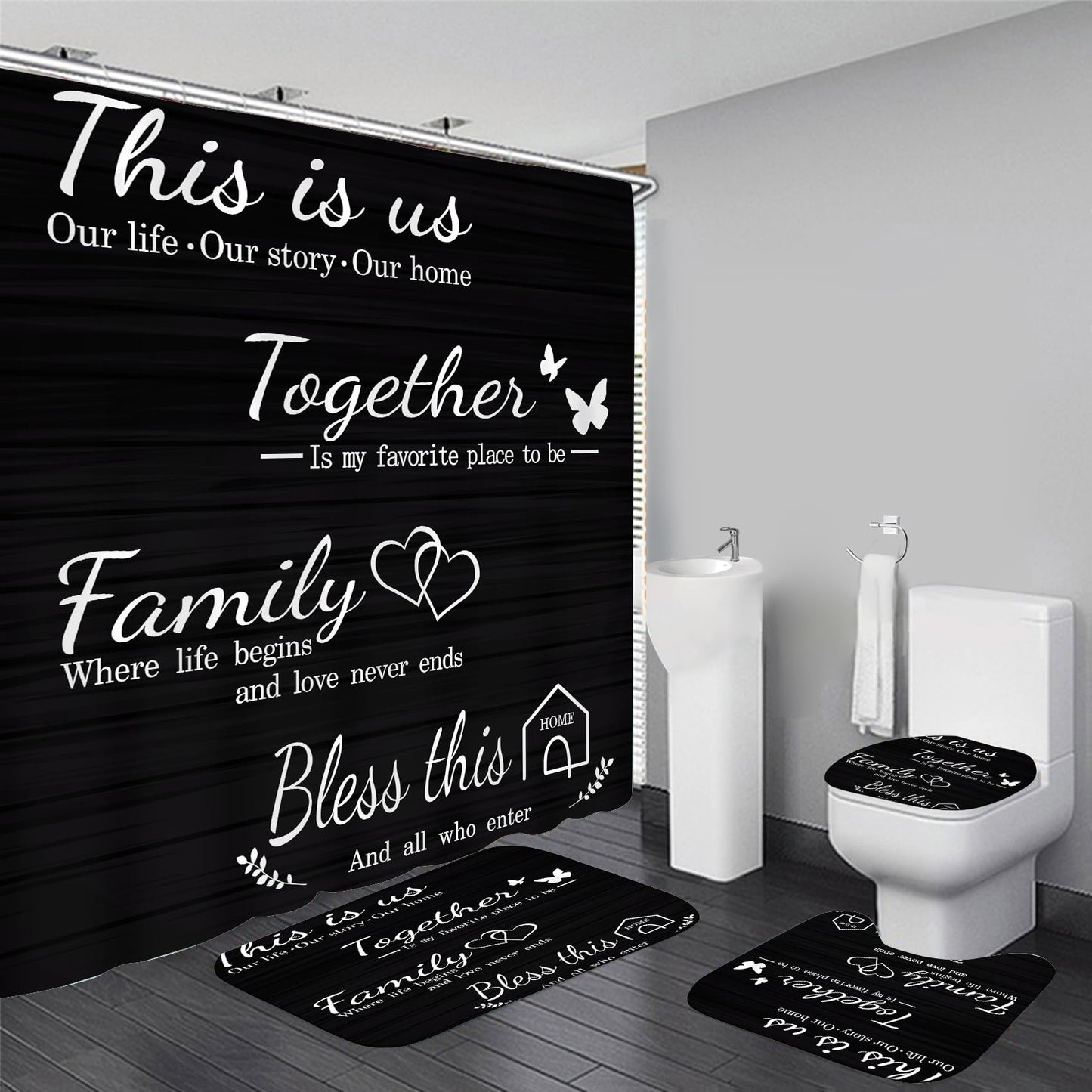 AZHM Family Shower Curtain Set Black Home Bathroom Set with Shower Curtain and Rugs and Accessories Bathroom Decor Curtain with 12 Hooks