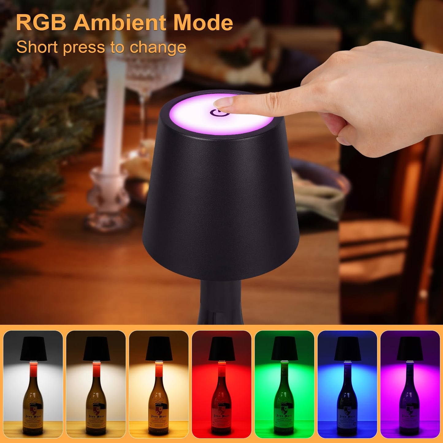 DUSKTEC Wireless Wine Bottle Lampshade, 8 RGB Modes, Light Temperature 3000-6500K, Rechargeable Touch Wine Bottle Lamp, Portable Wireless Lamp, Bar Lights, Party, Gift (Black)