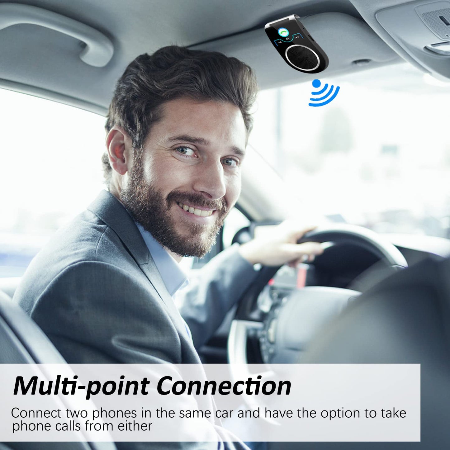 Hands Free Cell Phone Car Kit, Bluetooth 5.0 in Car Speakerphone with Visor Clip, Siri Google Voice Command Support,Built in Mic, Support 2 Phones Connected, Bluetooth Speaker for Safe Driving