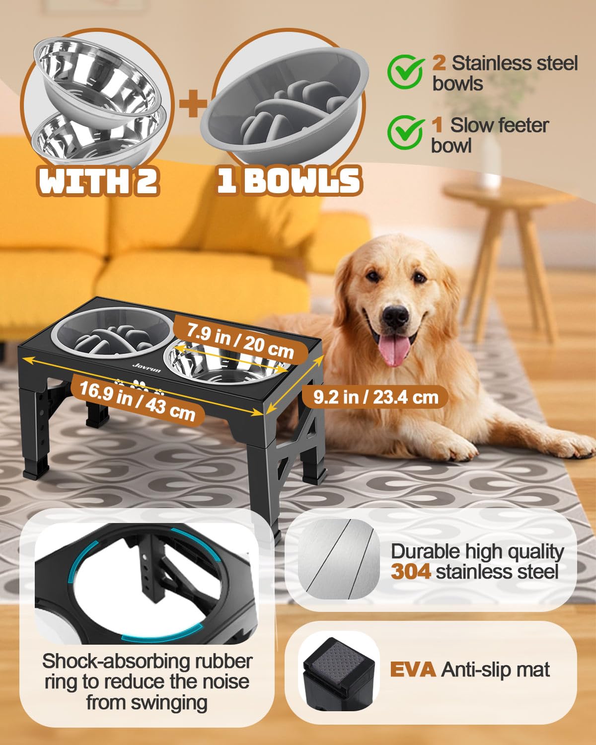 Jovrun Elevated Dog Bowls, Dog Feeder with 2 Stainless Steel Dishes &1 Slow Feeder Bowl, 5 Heights Adjustable Raised Stand for Medium Large, Food Dishes with Non-Slip Feet