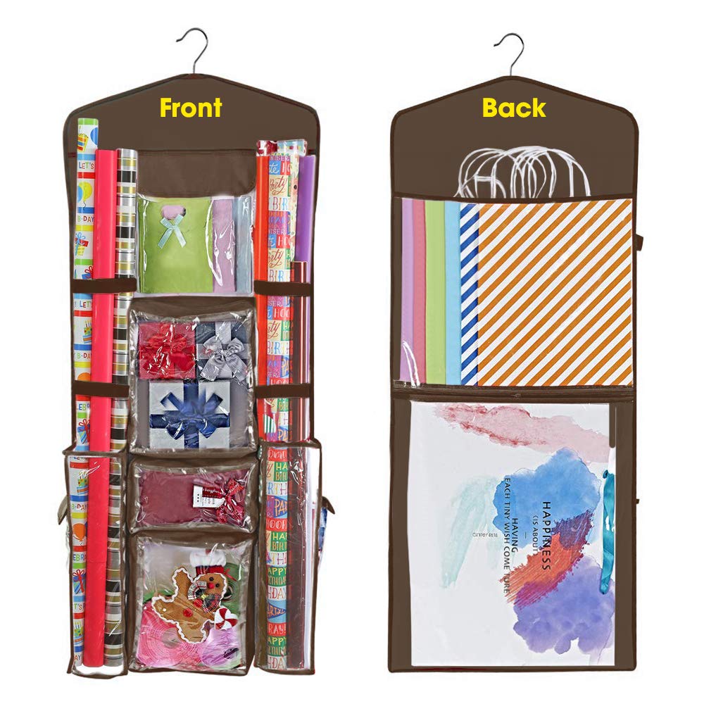 ProPik Hanging Double Sided Wrapping Paper Storage Organizer with Multiple Pockets, Organize your Gift Wrap, Gift Bags, Bows, Ribbons 40"X17" Fits 40 Inch Rolls Clear PVC Bag (Brown)