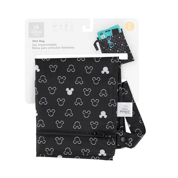 Bumkins Disney Waterproof Wet Bag for Baby, Travel, Swim Suit, Cloth Diapers, Pump Parts, Pool, Beach, Gym Clothes, Toiletry, Hook to Stroller, Daycare, Zip Reusable Wetdry Packing, Mickey Mouse Icon