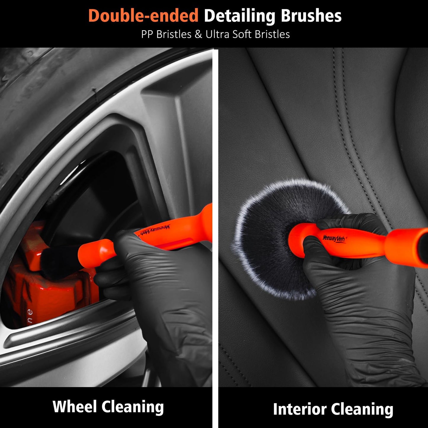 YeewayVeh 4PCS Car Wheel Cleaning Kit, 2-Size Bendable Microfiber Wool Wheel Brush Set, Tire Brush, Double-Ended Detailing Brush, Soft Non-Metallic Rim Cleaner Brushes for SUVs, RVs & Trucks