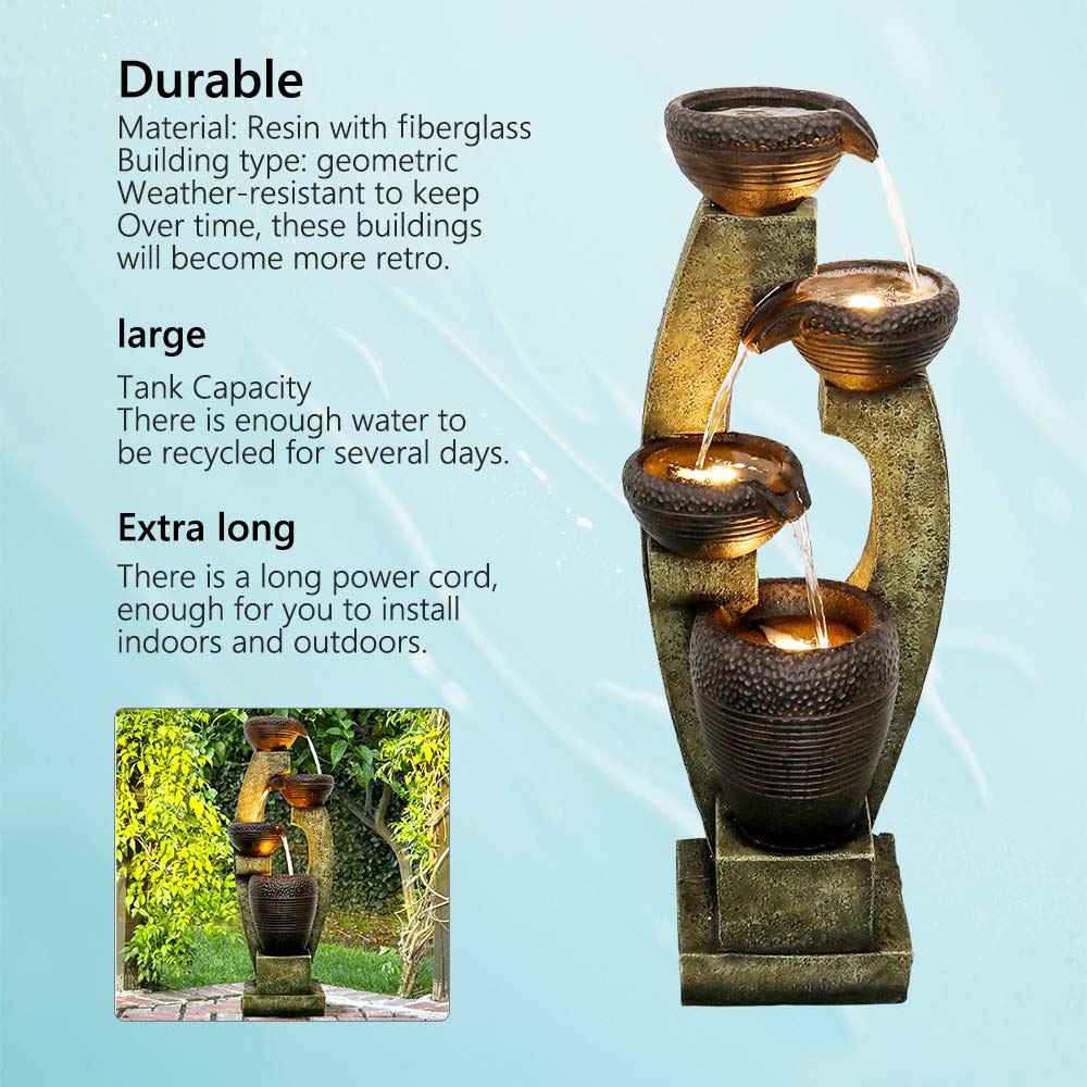 Naturefalls 40” H Modern Outdoor Fountain - 4 Crocks Outdoor Garden Fountains with Contemporary Design&LED Light for Garden, Patio, Deck, Porch, Backyard and Home Art Decor (40in, Light Gray)