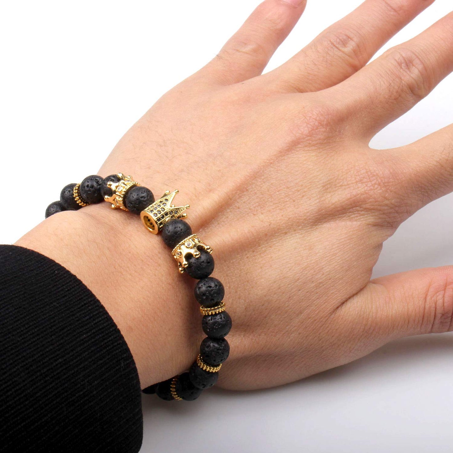 GVUSMIL Imperial Crown Bead Bracelet King&Queen Luxury Charm Couple Jewelry for Women Men (Black Lava Rock)