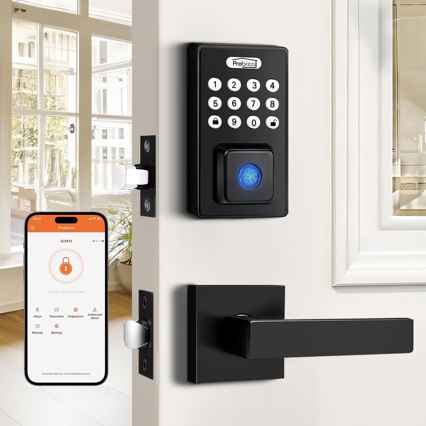 Probrico Keyless Entry Door Lock with Handle, Smart Locks for Front Door, Black Keypad Door Lock with Handle Fingerprint Door Lock, Electronic Keypad Deadbolt with Handle Lever, App Control, Auto Lock