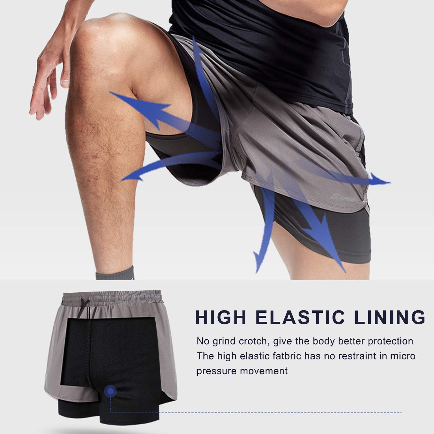 Surenow Mens 2 in 1 Running Shorts Quick Dry Athletic Shorts with Liner, Workout Shorts with Zip Pockets and Towel Loop Green