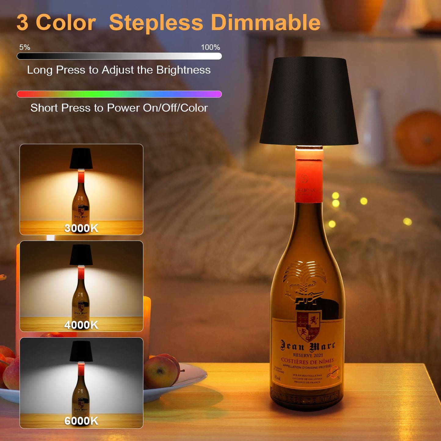 DUSKTEC Wireless Wine Bottle Lampshade, 8 RGB Modes, Light Temperature 3000-6500K, Rechargeable Touch Wine Bottle Lamp, Portable Wireless Lamp, Bar Lights, Party, Gift (Black)