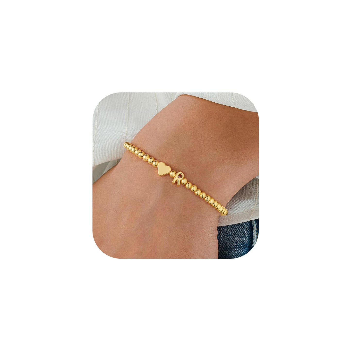 M MOOHAM Heart Initial Bracelet for Women - Dainty Gold Beaded Bracelets for Women Trendy Charm Letter A-Z Personalized Heart Jewelry Gifts