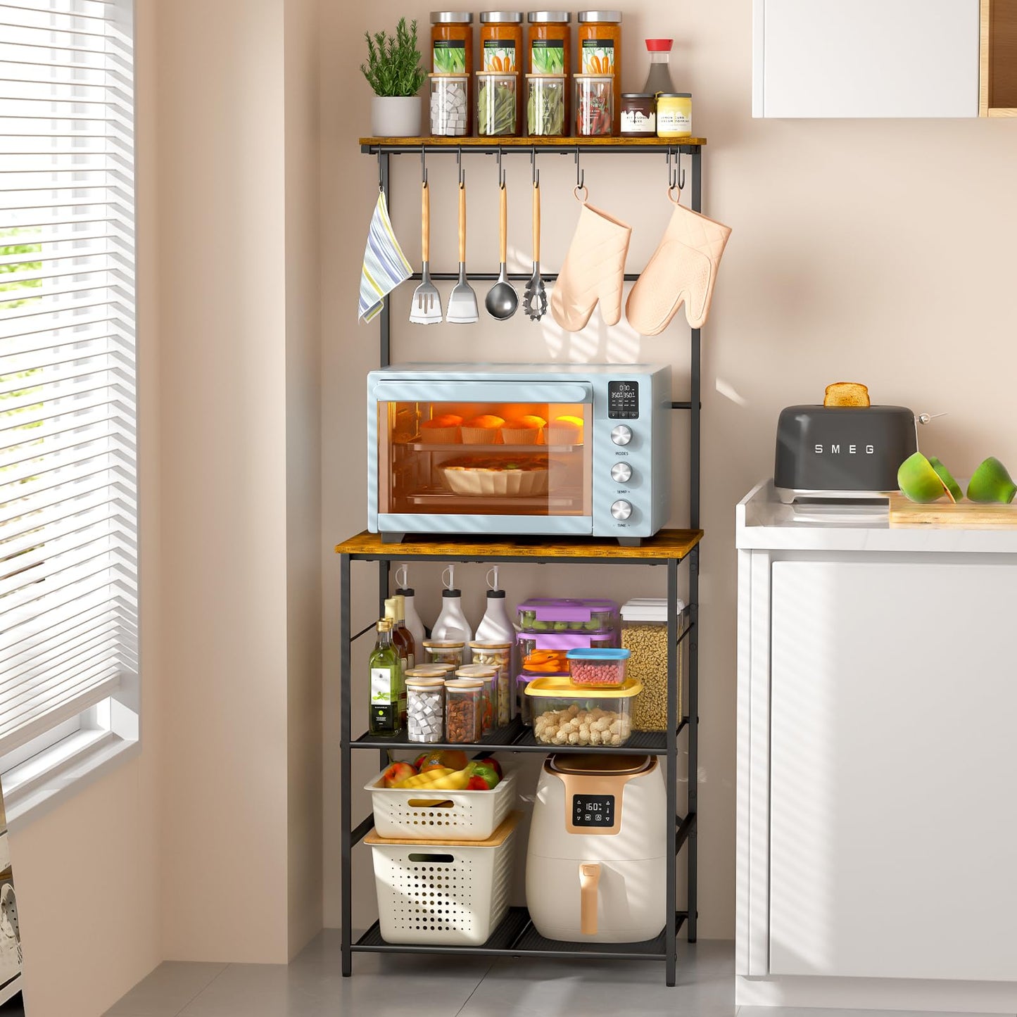 4 Tier Coffee Bar Station, Kitchen Stand with 8 S-Shaped Hooks, Large Space Coffee Station Table, Farmhouse Coffee Bar Shelf, Bakers Rack for for Kitchen, Living Room, 24.41" W x 15.78" D x 57.17" H