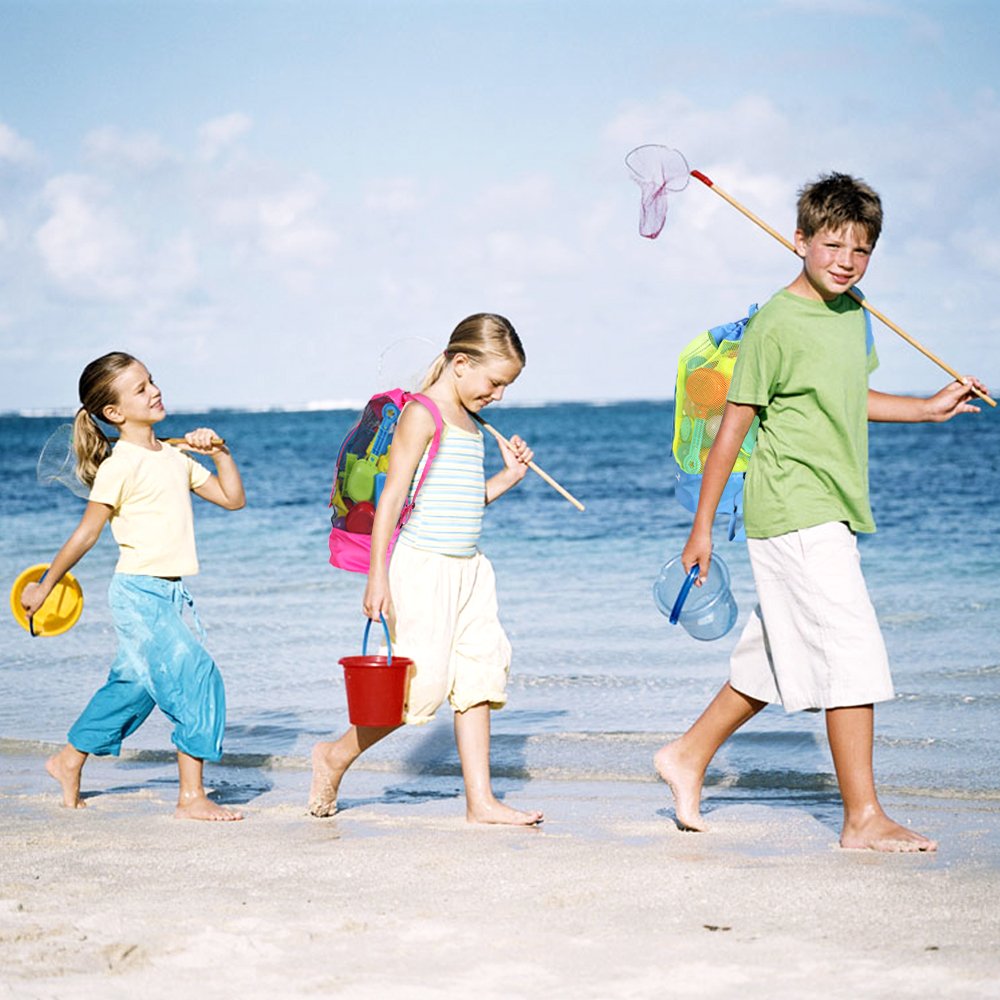 EocuSun Large Mesh Beach Bag Tote Durable Sand Away Drawstring Backpack Swim and Pool Toys Balls Storage Bags Packs, Stay Away From Sand and Water, Toy Not Included, Blue