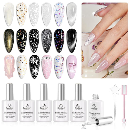 Beetles Glitter Gel Top Coat 8Pcs Holographic Glitter Gel Nail Polish Top Coat Cat Eye No Wipe Glossy Sparkly Finish Long Lasting Soak Off U V LED Salon DIY Gift for Women Girls