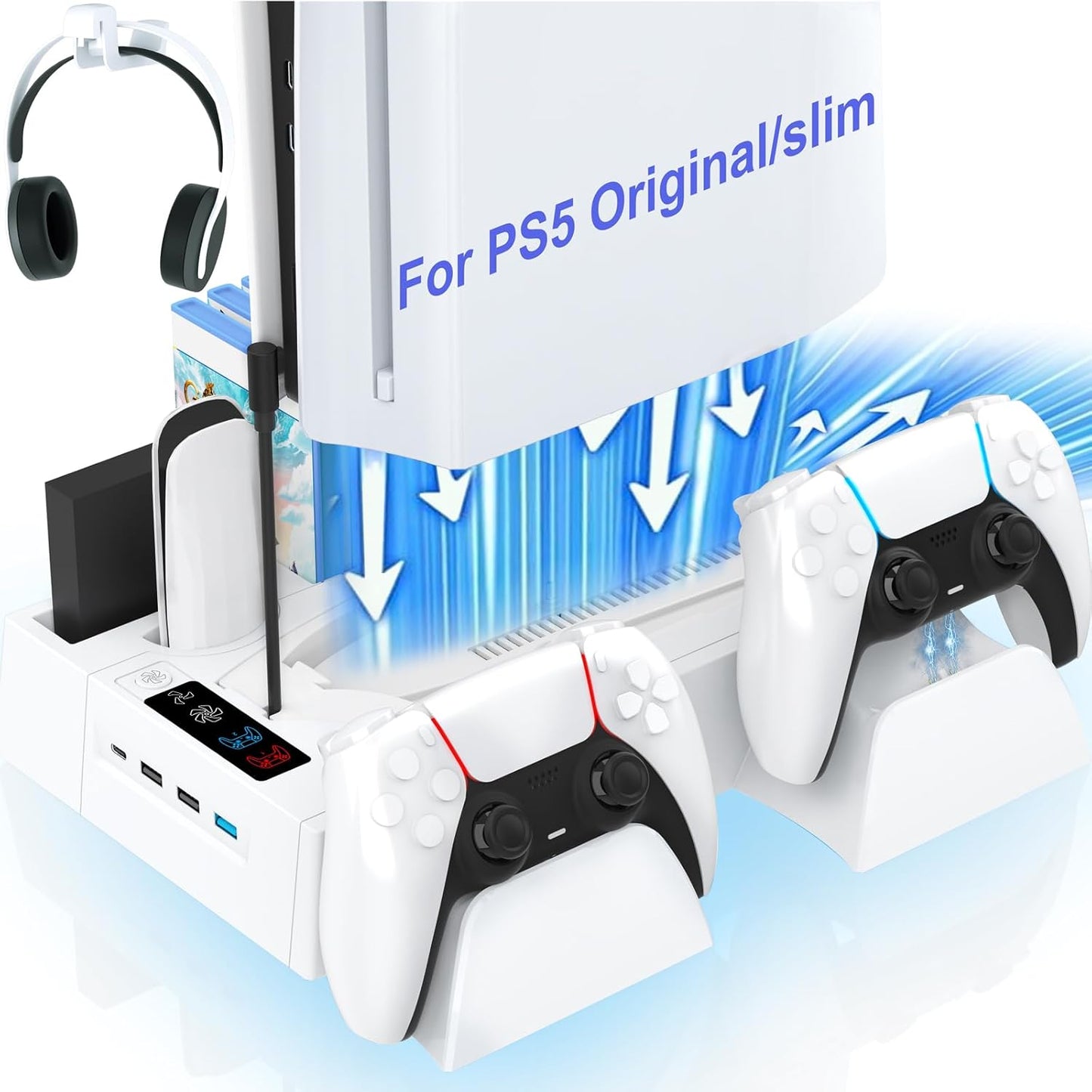 PS5 / PS5 Slim Cooling Station with Controller Charging Station, Cooling Stand for PlayStation 5 Console, PS 5 Dock Accessories Organizer with Storage Slot, PS 5 Cooler Fan, Headset Holder, 4 USB Hub