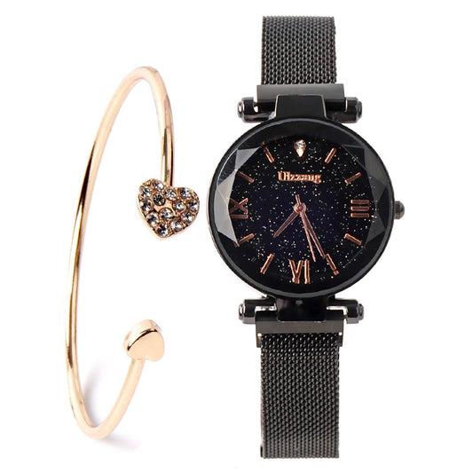 FUNGORGT Fashion Black Ladies Watch Magnetic Mesh Band Starry Sky Dial Analogue Quartz Wrist Watch for-Valentine's Day Gifts