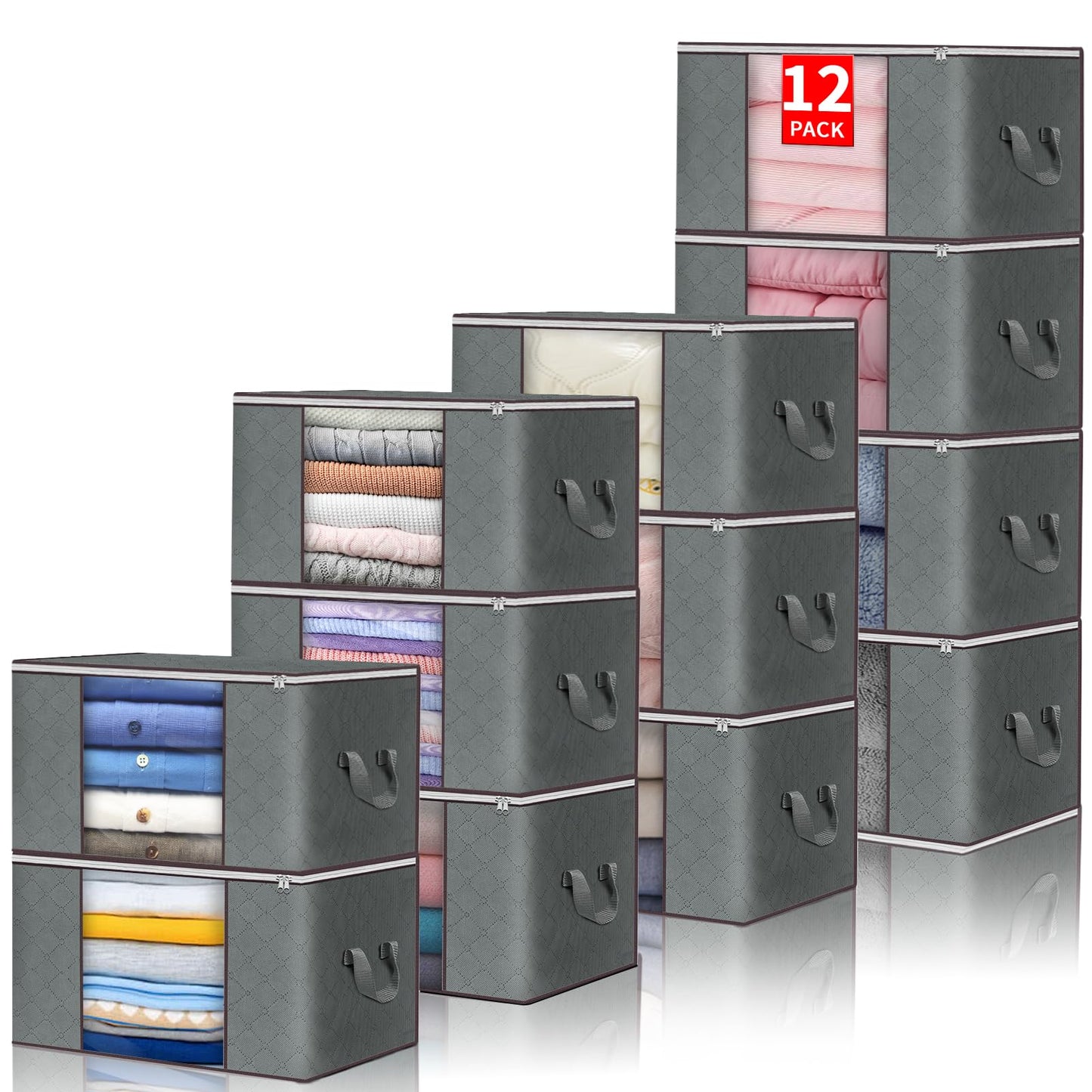 Budding Joy Clothes Storage, Foldable Large Storage Bags, Storage and Organization for Clothing, Blanket, Comforter, Clothes, Pillows, Toys, Closet Organizers with Enhanced Handle, 60L 12 Pack