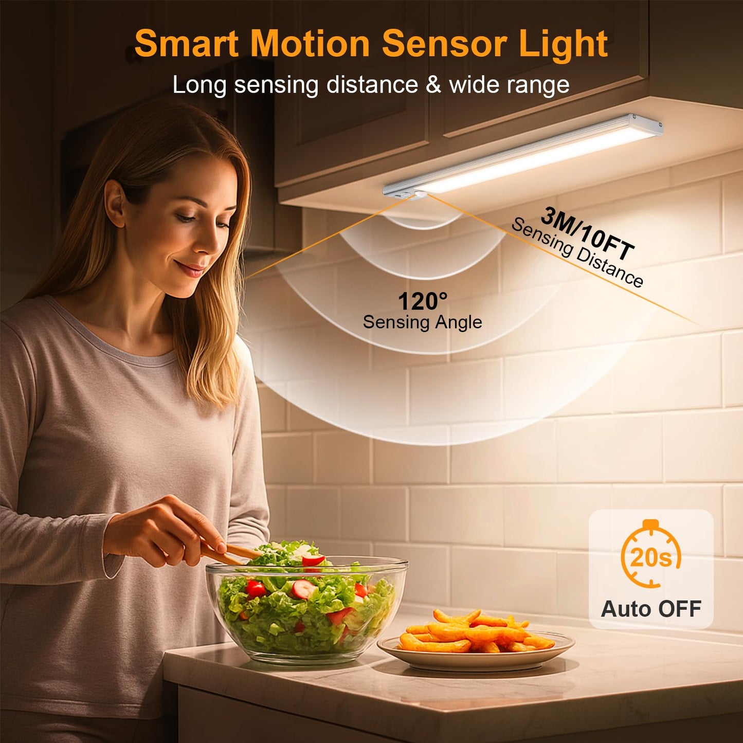 Gritin 10.2inch Under Cabinet Lighting Rechargeable -84 LED Super Bright,3-Color& 5 Level Brightness,4 Modes,Motion Sensor, Long Lasting- Easy Installation Magnetic Under Cabinet Closet Lights -2 Pack