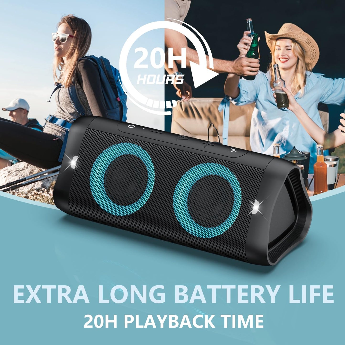 DONOW Portable Bluetooth Speaker with Lights, 30W Stereo Sound, Bass Boost, IPX5 Waterproof, 20H Playtime, Built-in Mic, Speakers Bluetooth Wireless for Home, Party, Outdoor, Travel(Black)