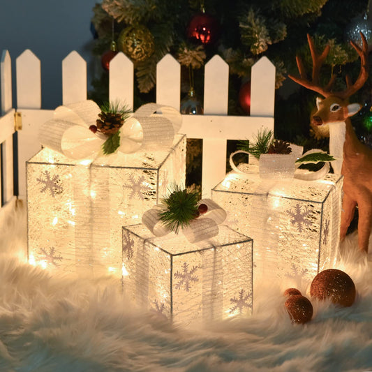COVFEVER Christmas Lighted Gift Boxes with Snowflake Ornament, 3 Pack Pre-lit Present Boxes Set Battery Operated with Different Sizes for Holiday Indoor Outdoor Decorations (3 Pack) (Snowflake-2)