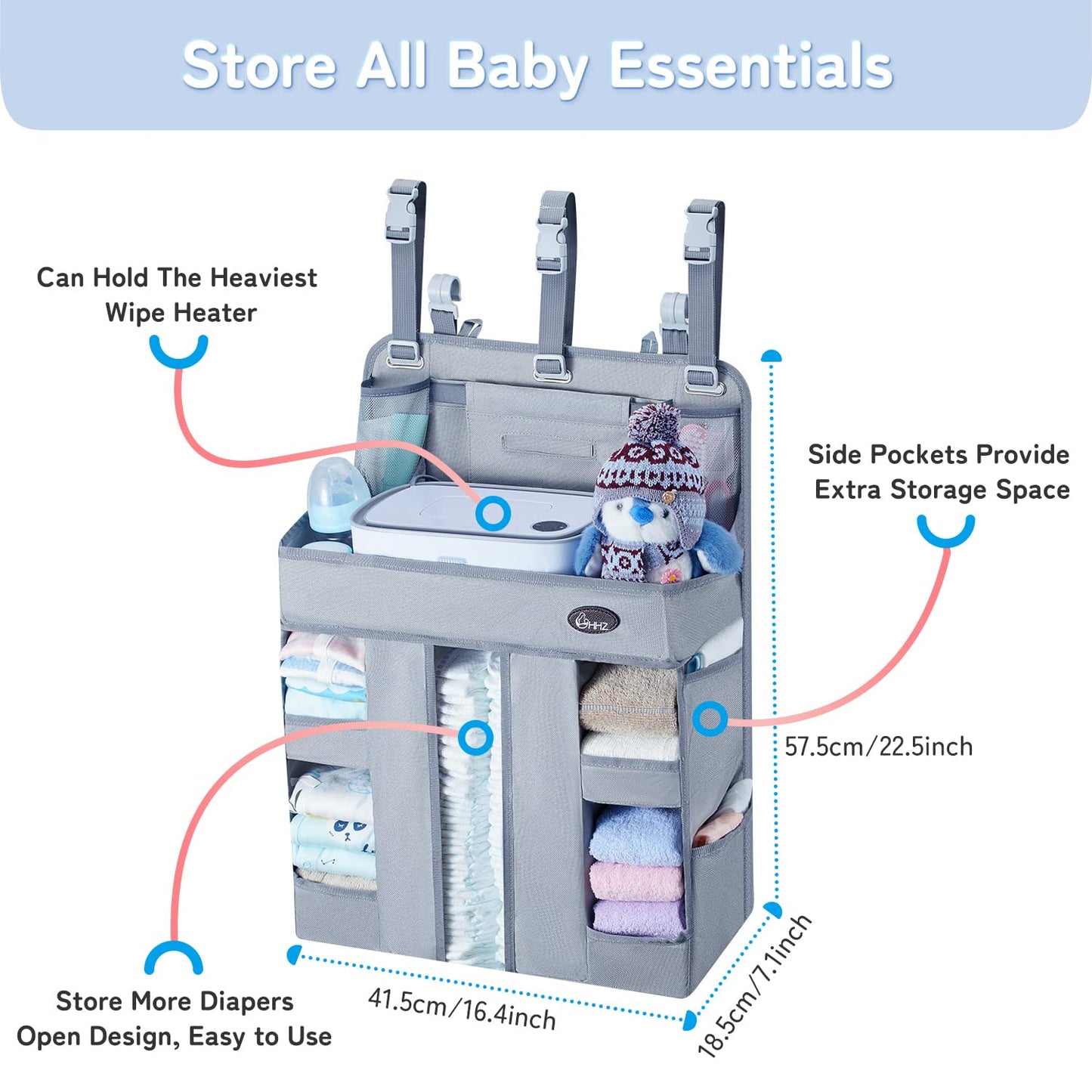 HHZ XL Hanging Diaper Caddy Organizer –Sturdy and Durable Baby Organizer – Diaper Stacker for Changing Table, Crib, Playard or Wall & Nursery Organization – Newborn Baby Essentials