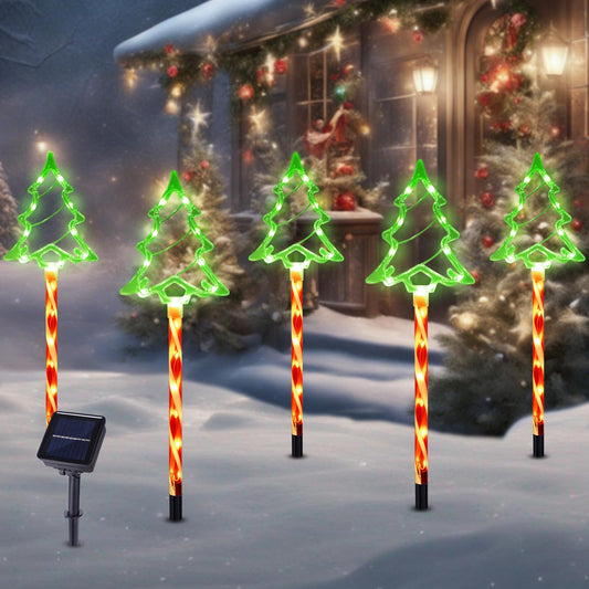 Christmas Solar Pathway Lights Outdoor Decorations, 8 Modes Xmas Tree Candy Lights Waterproof Led Garden Stake Light for Walkway Yard Lawn Porch Holiday Decor 5-Pack (Red Tube Tree, 5 Pack)