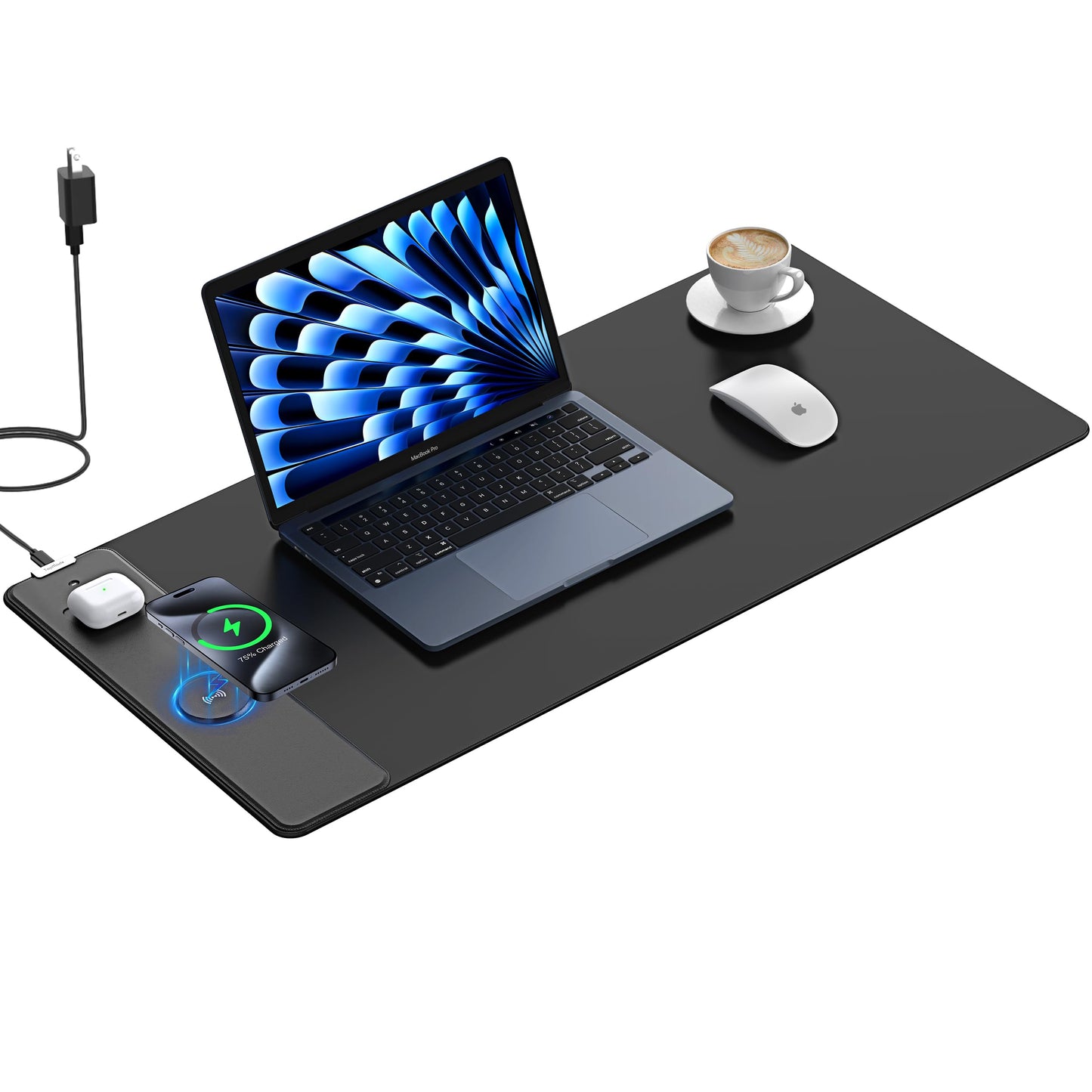 TopMade Wireless Charging Mouse Pad, Waterproof Gaming Mousepad with Ultra-Smooth Surface, Non-Slip Base, 31.5"x15.75" XXL Large Desk Pad, Classic Black Computer Desk Mat for MacBook, PC, Laptop