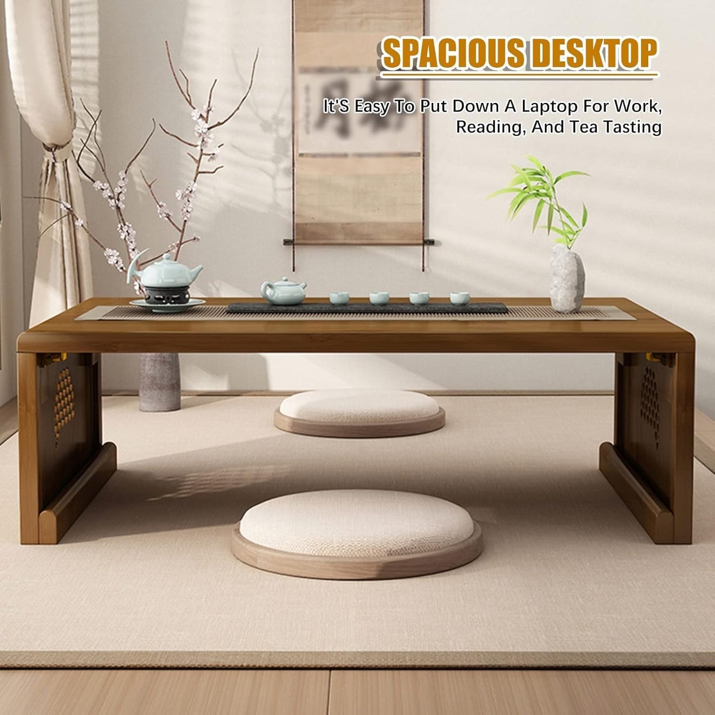Japanese Coffee Table,Foldable Floor Table Low Natural Brown Coffee Minimalist Tatami Table,Suitable for Living Room,Dining Room (100CM)