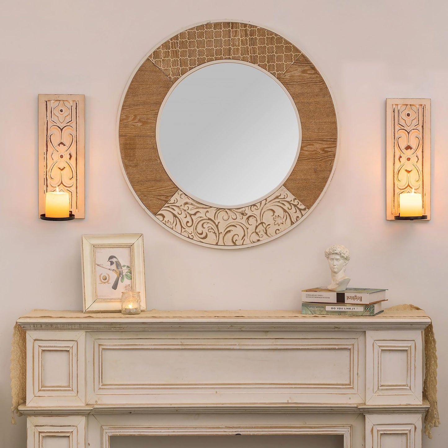 Rustic Candle Sconces Wall Decor Set of 2 - Walasis Wood Wall Candle Holders for Farmhouse White Boho Candle Sconce Art Distressed Thickened Pillar Candles Holder for Bathroom