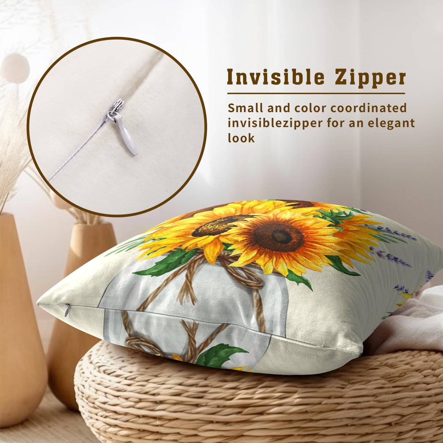 Mweet Sunflower Throw Pillows Covers 18 x 18 Inch - 2PCS Nature Summer Flower Vase Floral Decorative Square Pillowcases for Couch Sofa Bench Living Room Bedroom Decoration