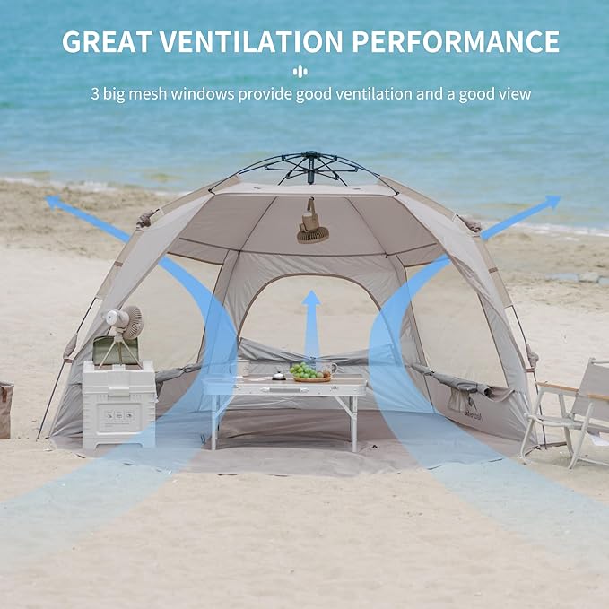 Naturehike Beach Tent Sun Shelter for 3-4 Person, Automatic Easy Set up Pop up Instant Tent, UPF50+ UV Protection Portable Canopy Privacy Tent (Light Brown)