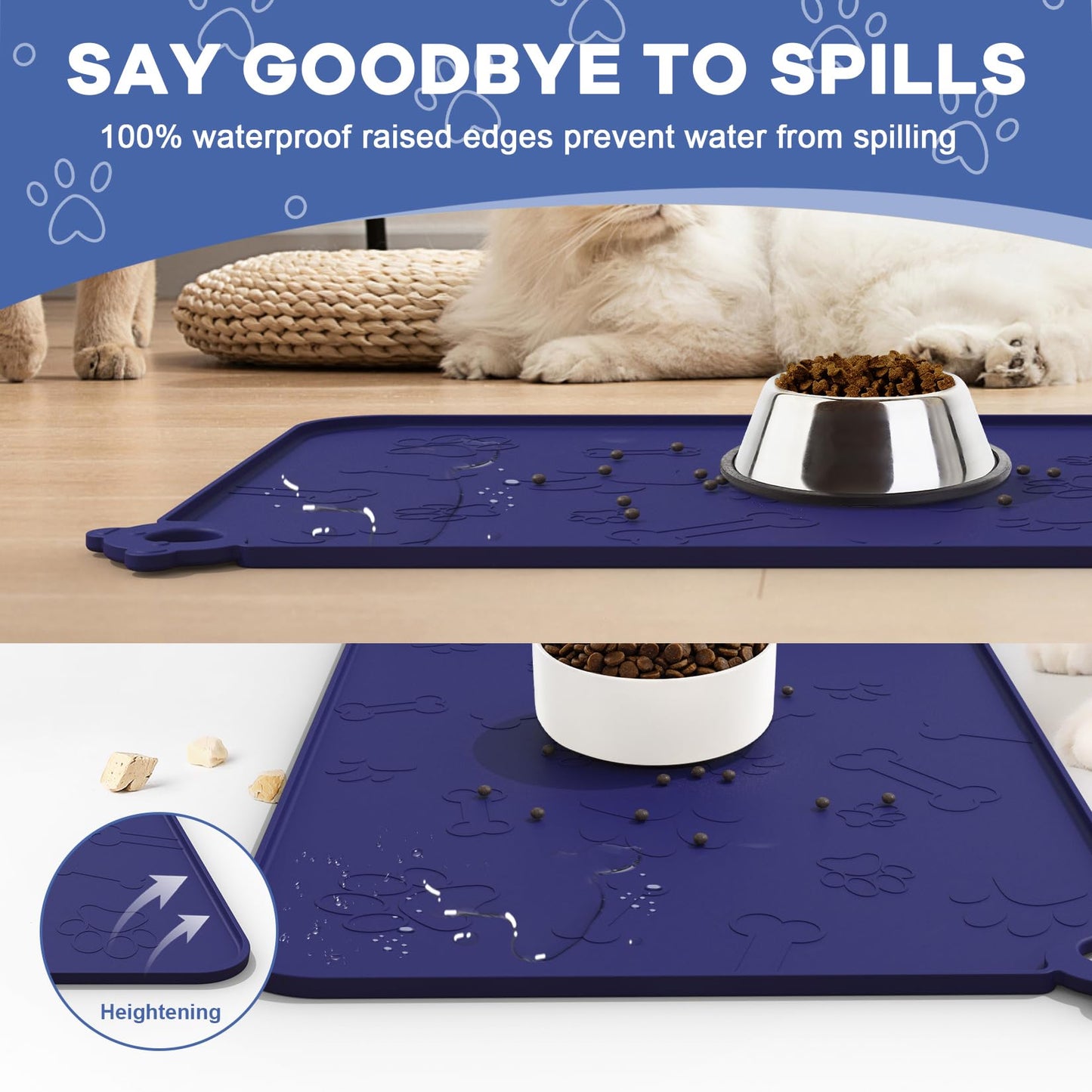 Pet Feeding Mat, Dog Food Mat, 24''x16'' Silicone Pet Feeding Mats with Residue Collection Pocket, Waterproof Dog Cat Bowl Mats for Food and Water with Edge and Hook, Tray for Dog Bowls, Navy Blue