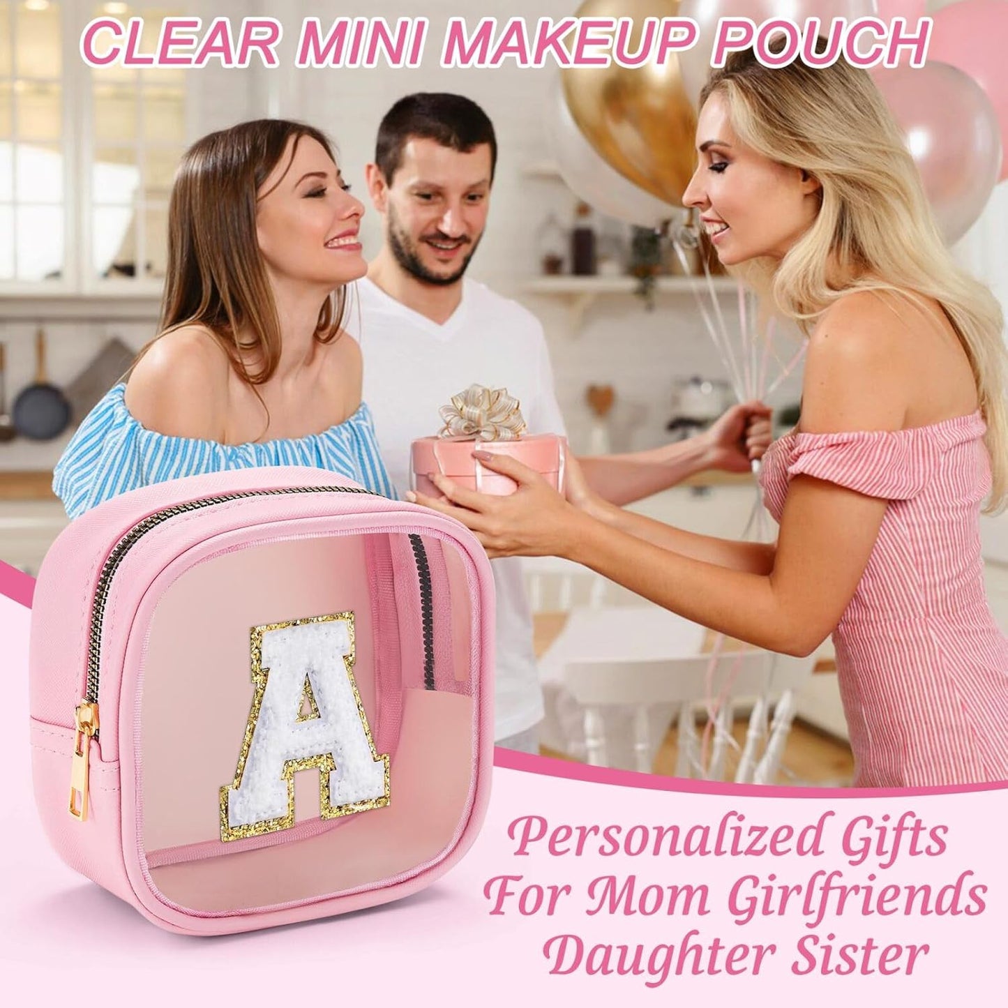 YOOLIFE Initial Make Up Bag Travel Toiletry Bag, Clear Makeup Bag Preppy Cosmetic Bags Organizer Travel Essentials Gifts for Women Teen Girlfriend Teacher Mom Birthday Mothers Day Gifts White D